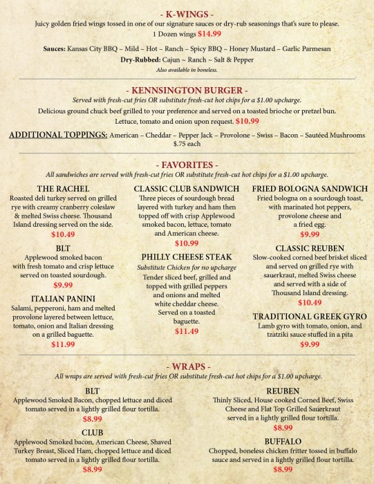 Kennsington Grille Menu - Kennsington Golf Club