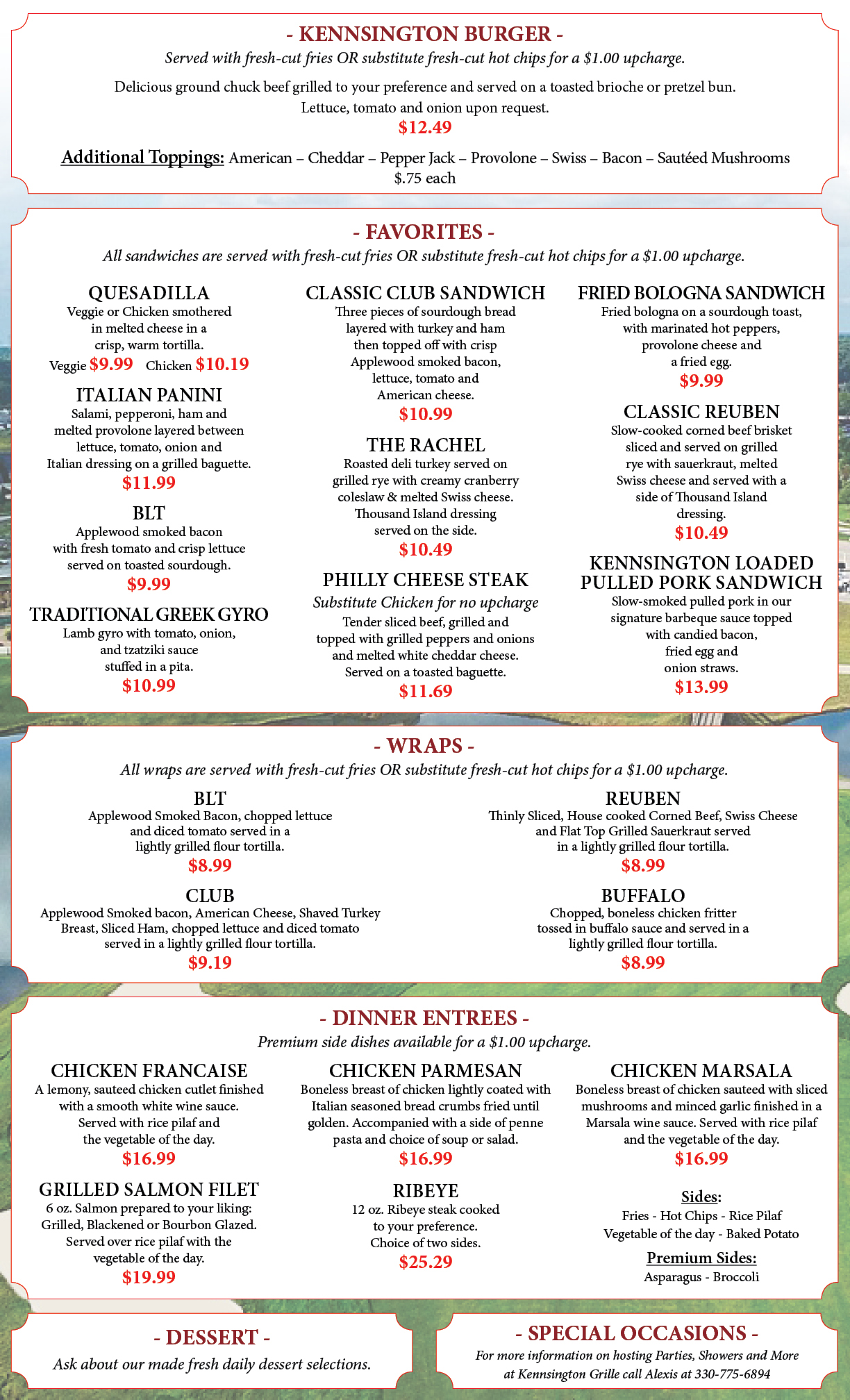 Kennsington Grille Menu - Kennsington Golf Club